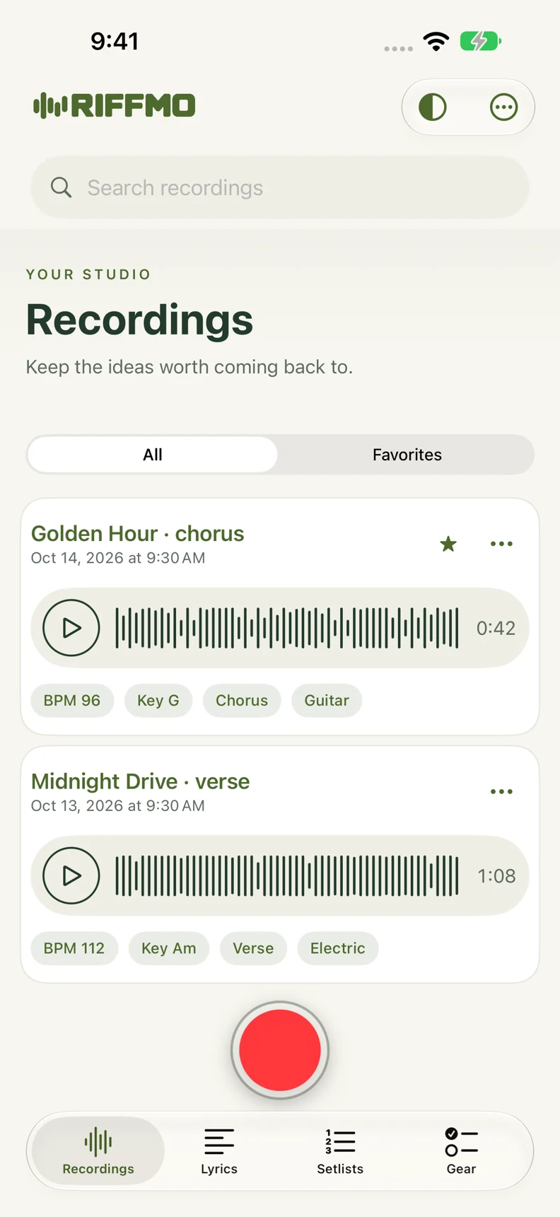 Riffmo Recordings showing saved song ideas with waveforms, tempo, key, and tags.