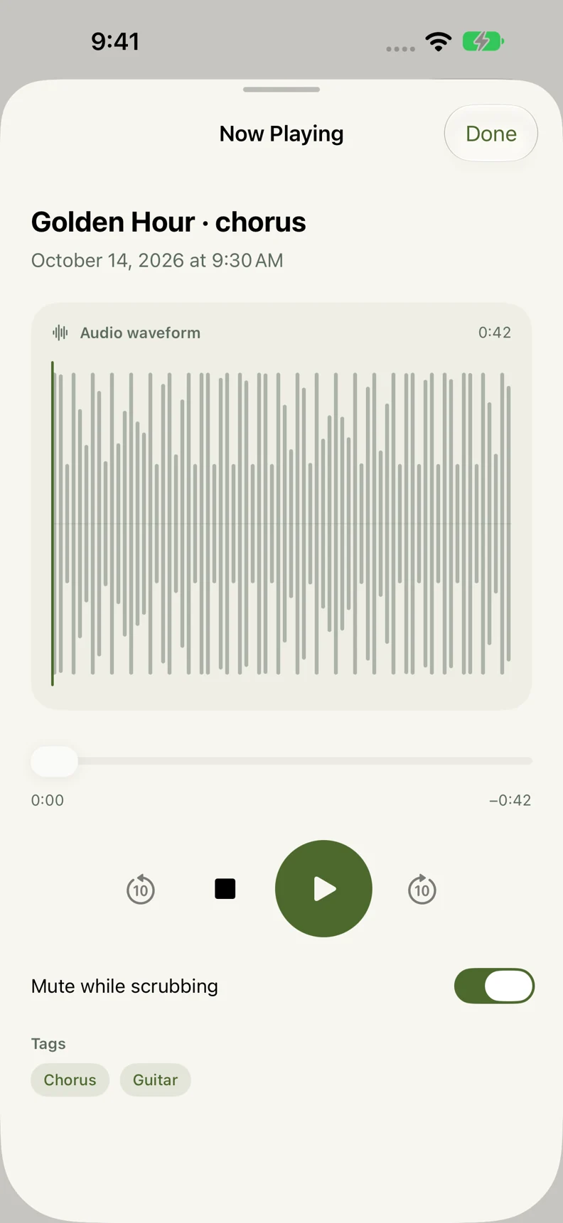 The larger Riffmo audio player with a detailed waveform, playback controls, and ten-second skip buttons.