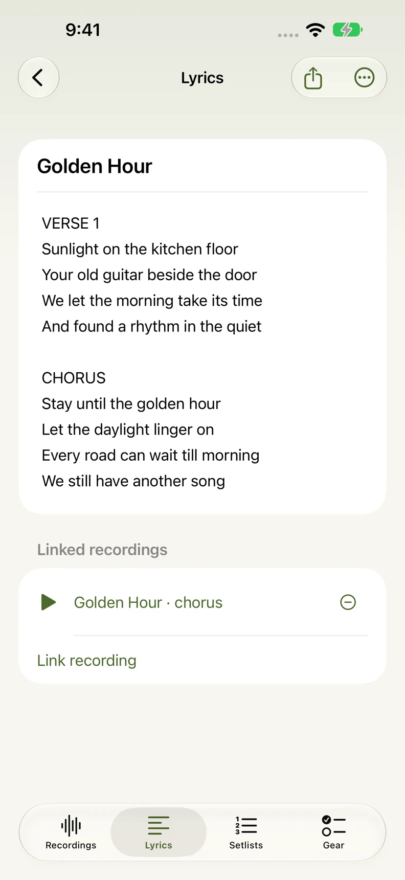 A Riffmo lyric document with verses, a chorus, and a linked recording named Golden Hour.