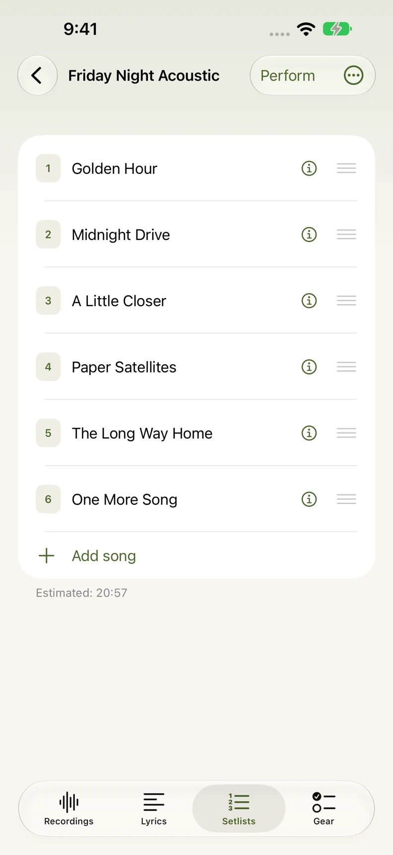 A six-song Riffmo setlist with drag handles for reordering and an estimated duration.