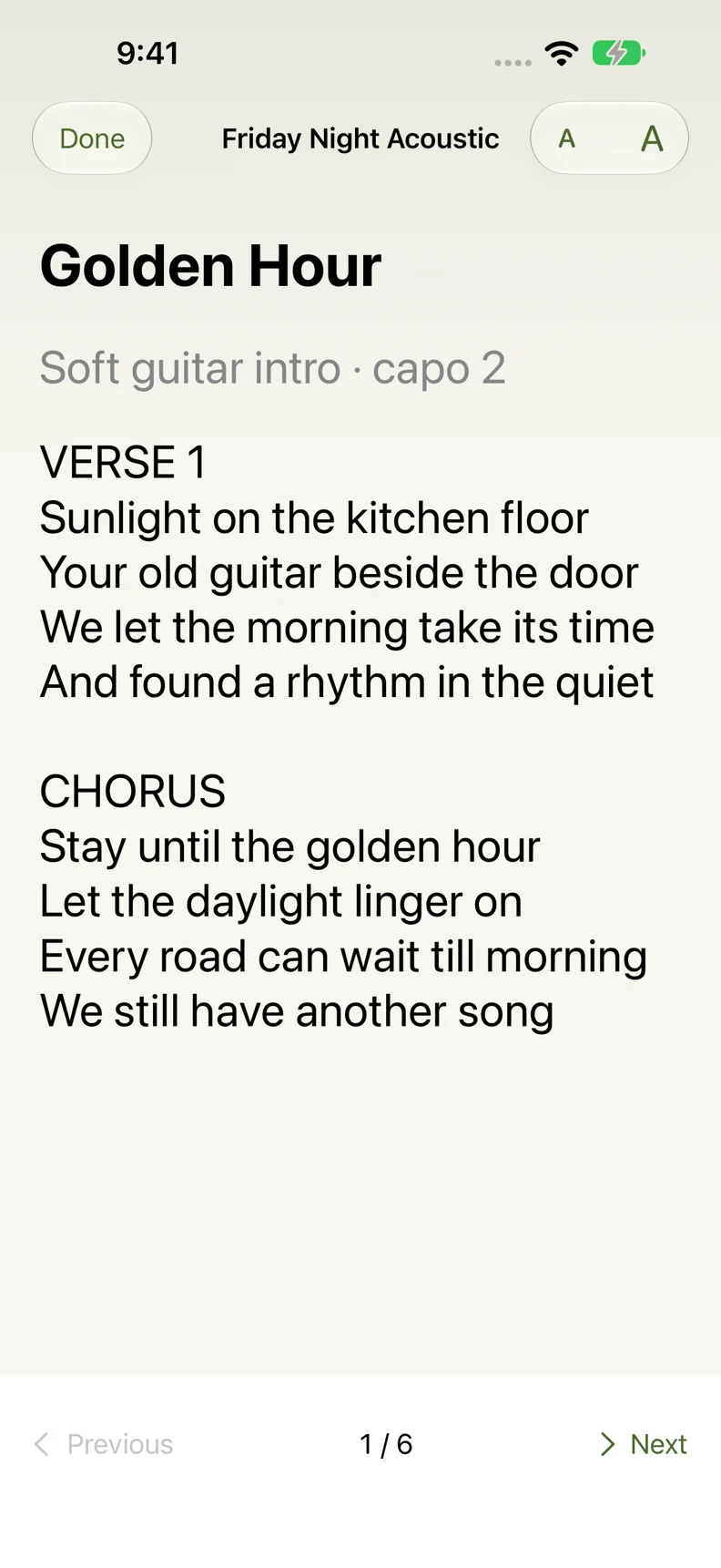 Performance mode showing large lyrics, song notes, and previous and next controls.